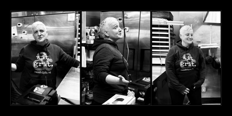 3 pics of Hannah in the kitchen epressing fun emotions