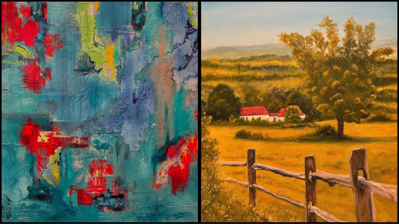 two paintings one abstract the other landscape