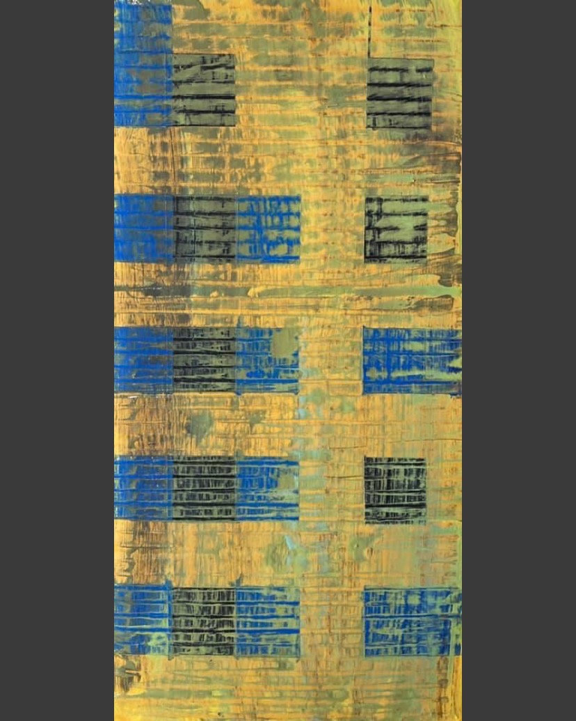 abstract blue and black squares over yellow