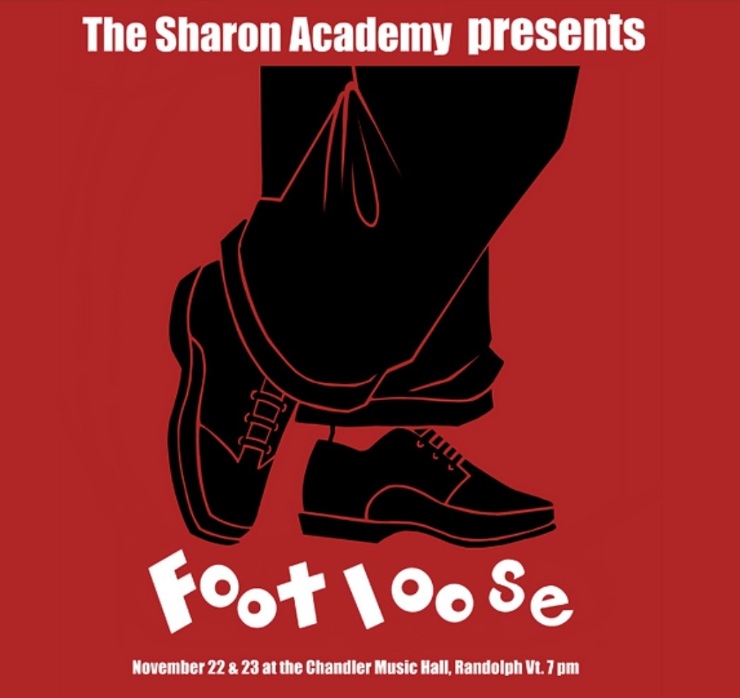 Red poster highlighting The Sharon Academy's production of Footloose