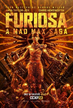 Gold colored movie poster with bald person in a godlike position, arms out