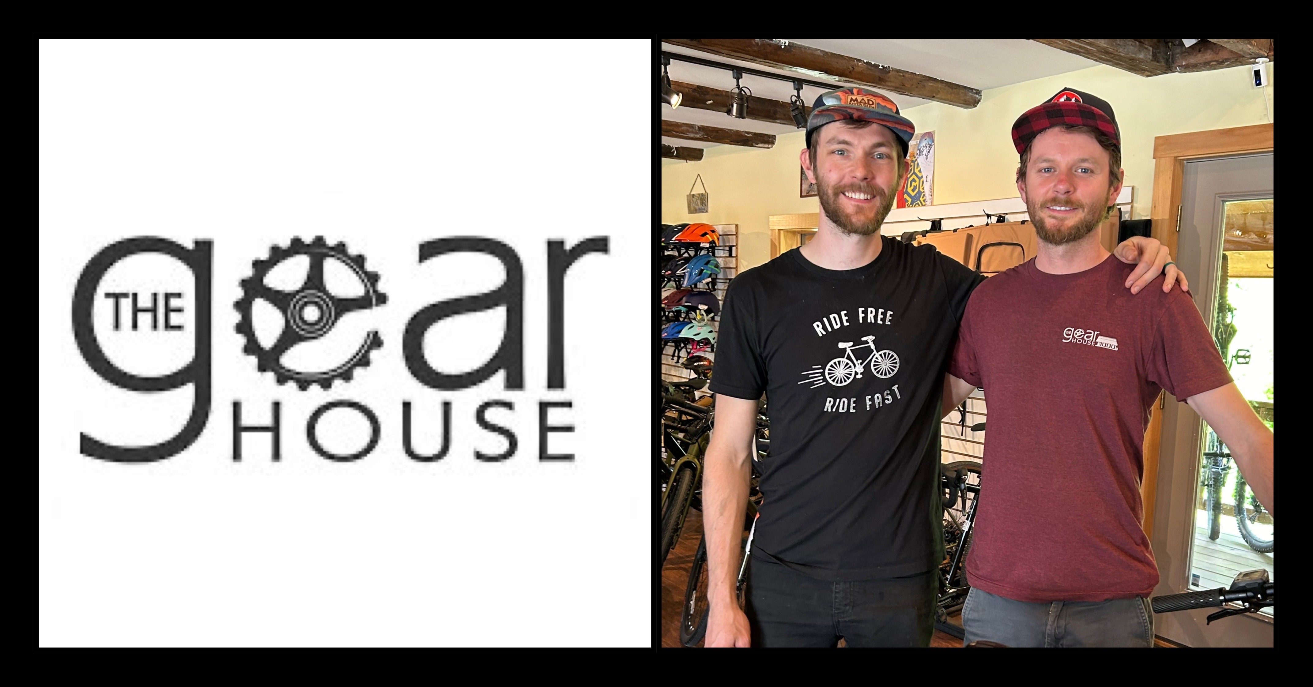 gear logo in black with the two owners standing with arms around each other