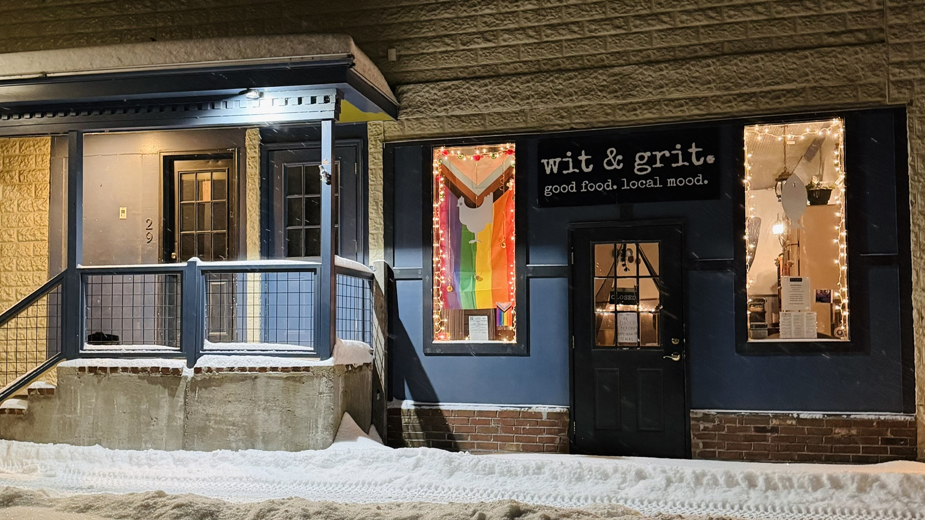 outside W&G pride flag in diner window