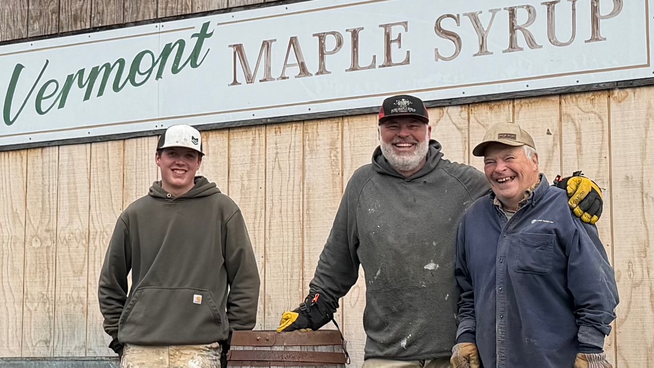 three men sugaring on farm land