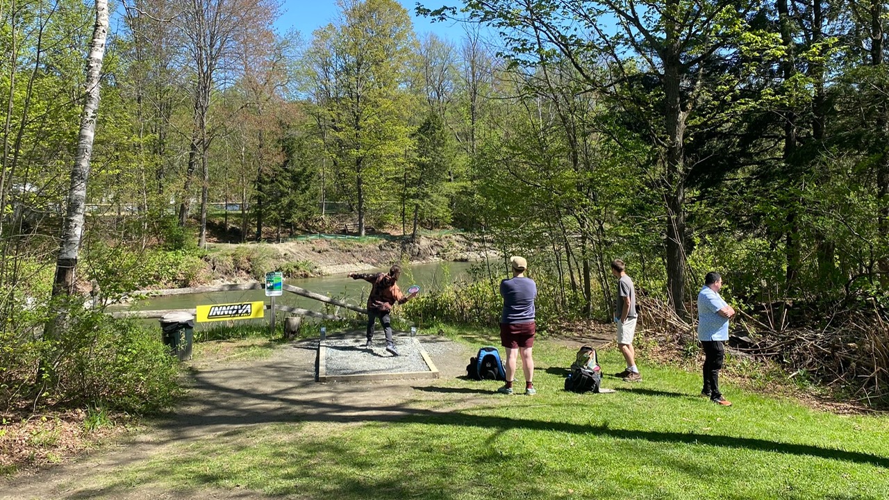 four people playing disc golf