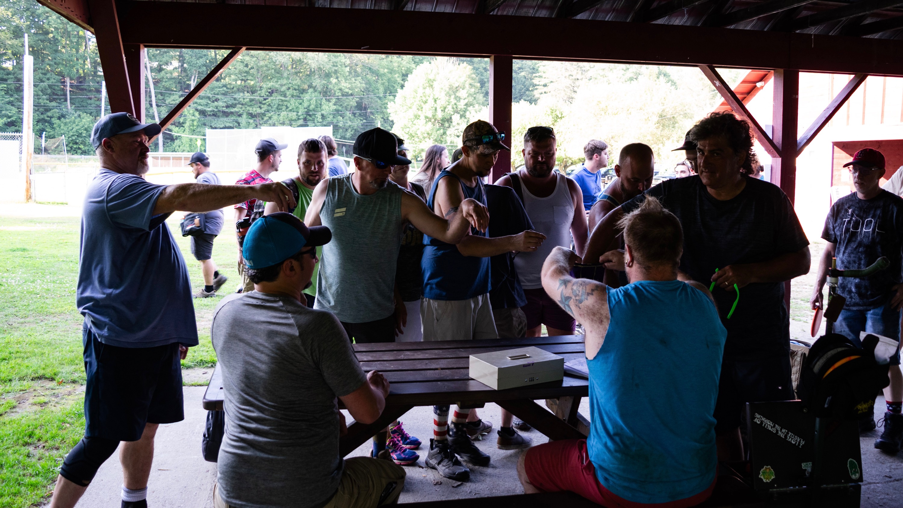 several people outside talking actively