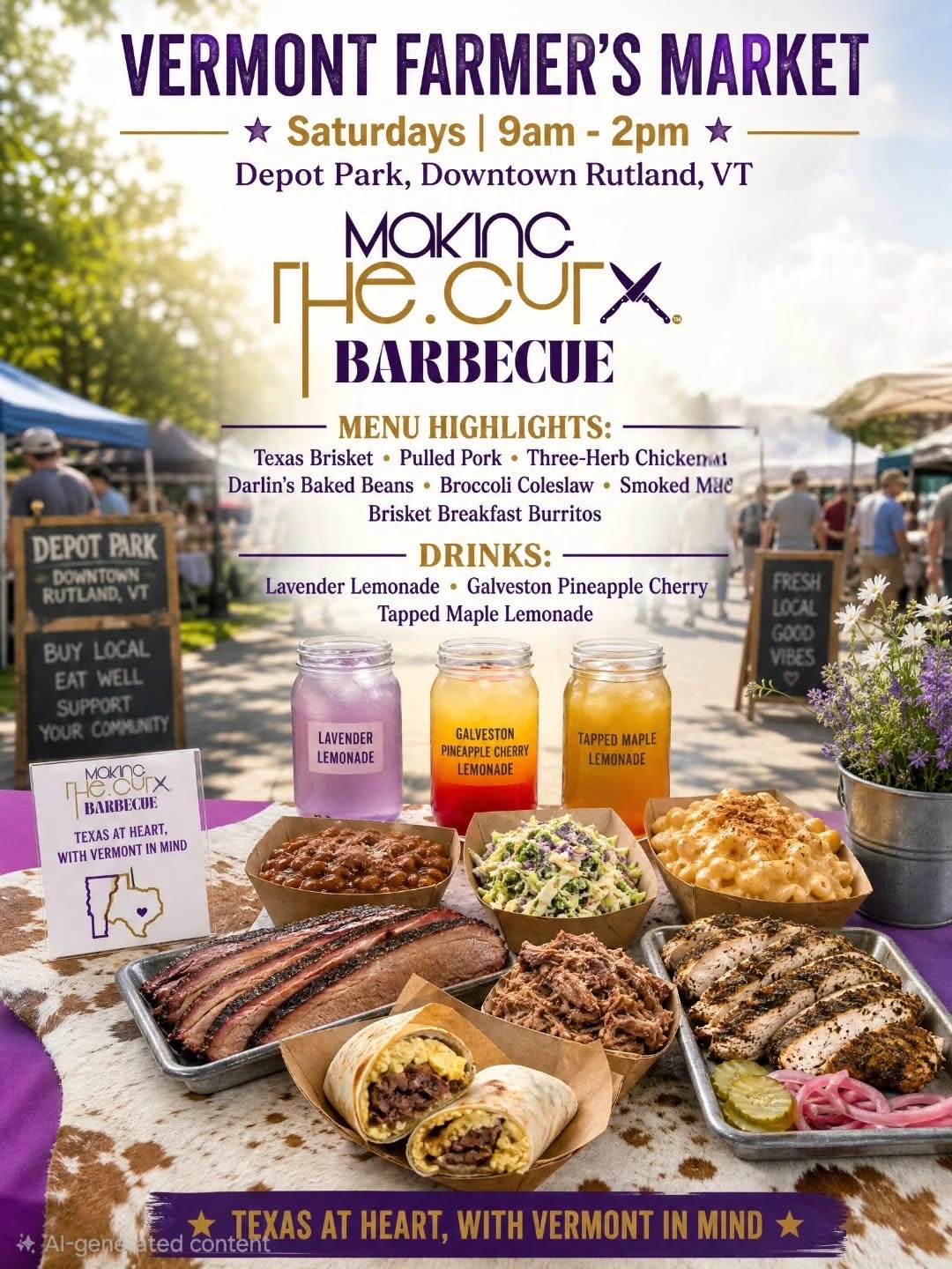 poster, purple, w red meat and drinks