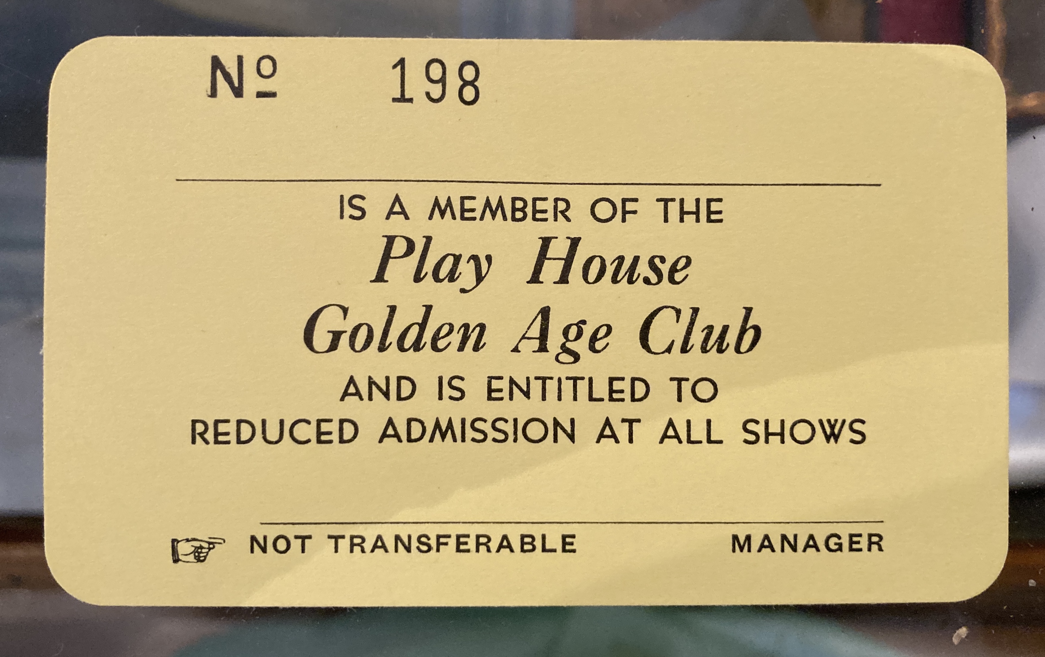 a card for the Golden Age Club (number 198) saying that the holder is a member and qualifies for reduced admission costs.