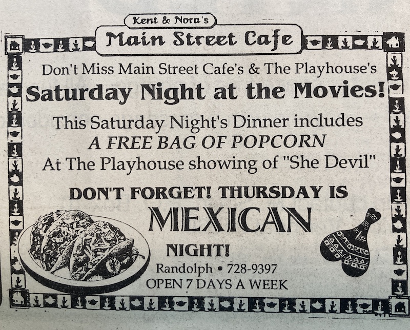 ad for dinner at Kent and Nora's Main Street Cafe offering a free bag of popcorn with any dinner