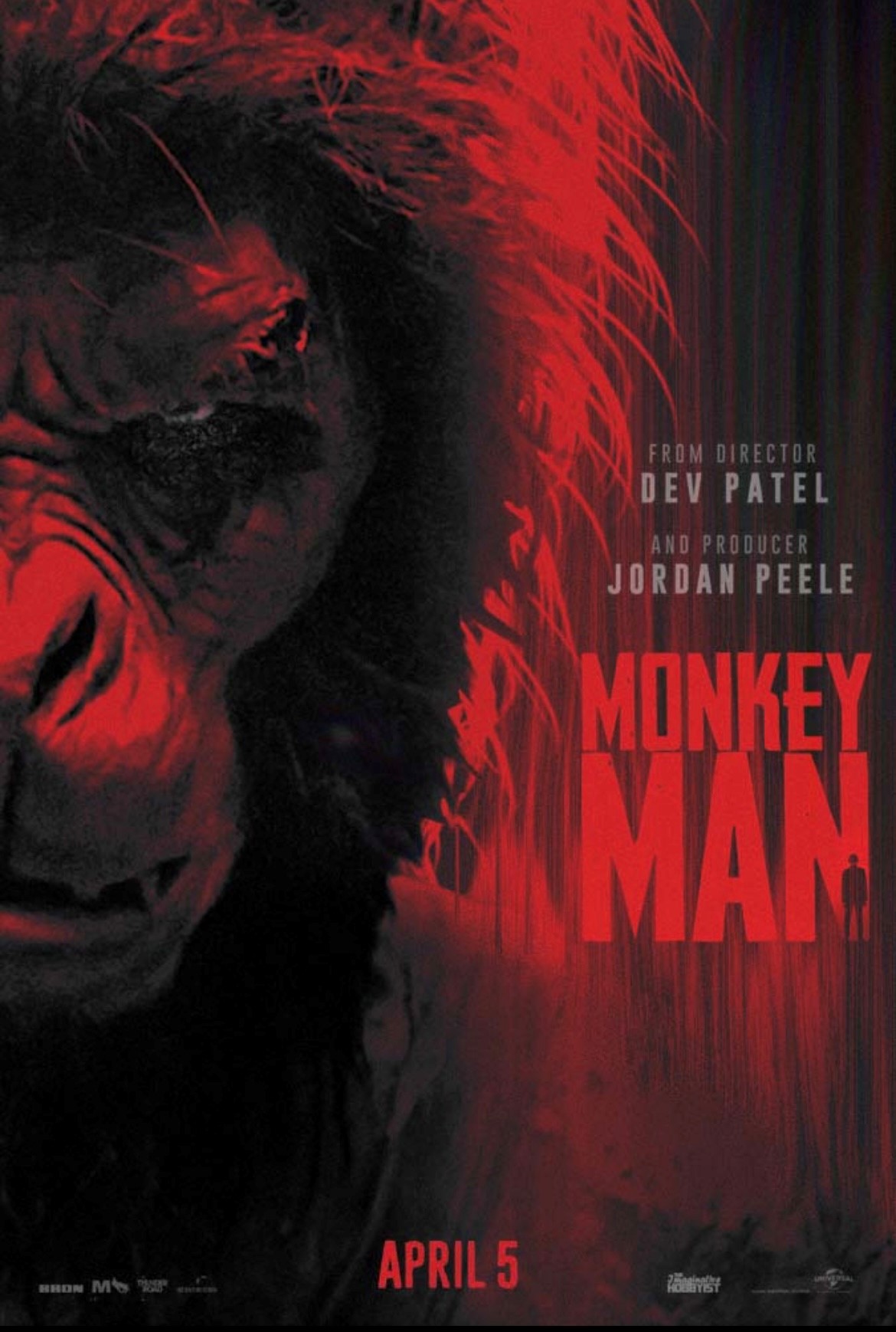 Film poster, re and black with image of a man that appears to be a large monkey