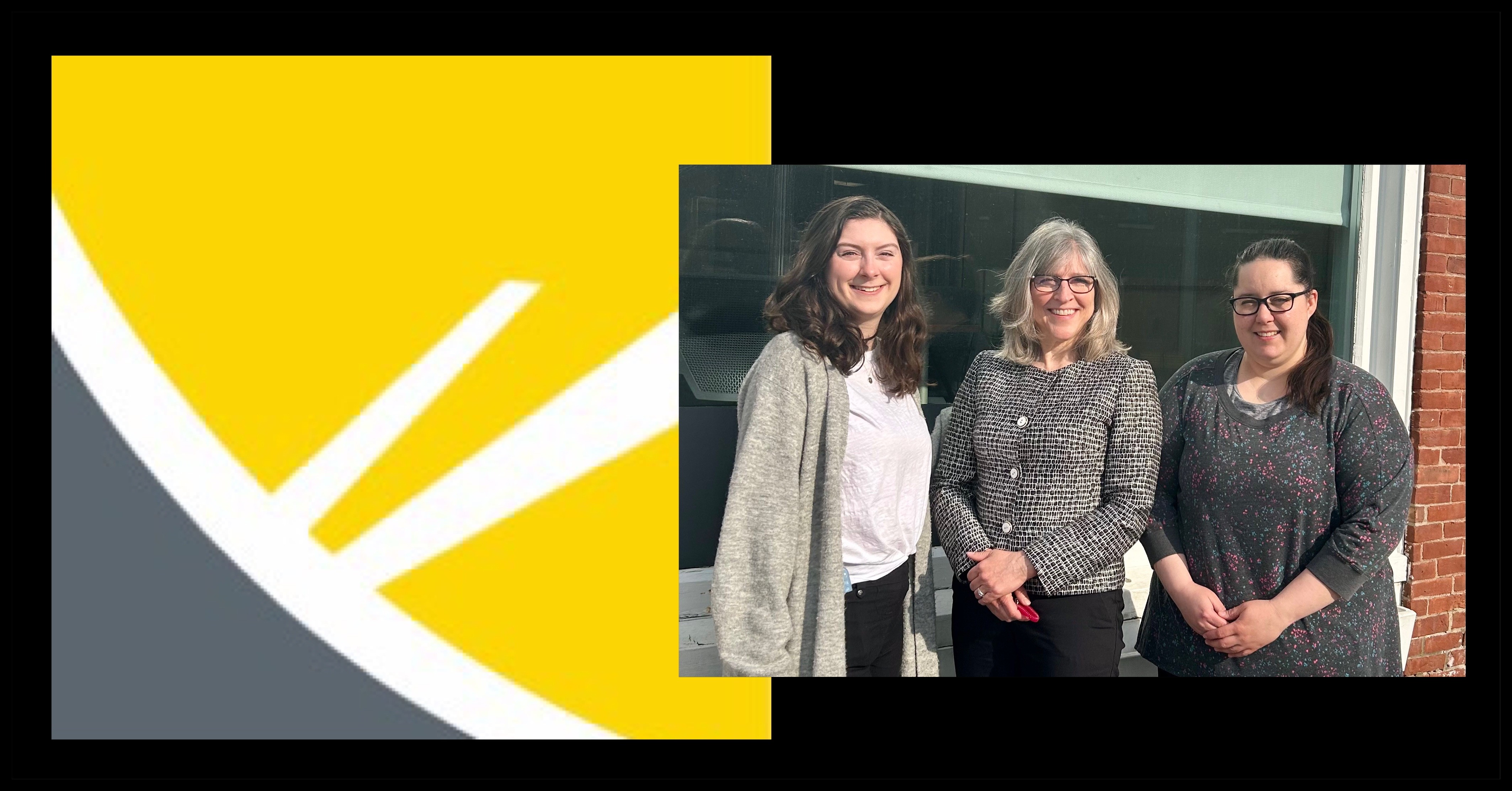 NSB Yellow logo and three female employees outside the Randolph office