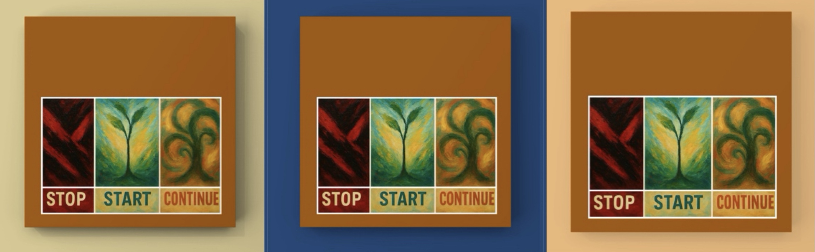 three boxes w polar colors and abstract plants