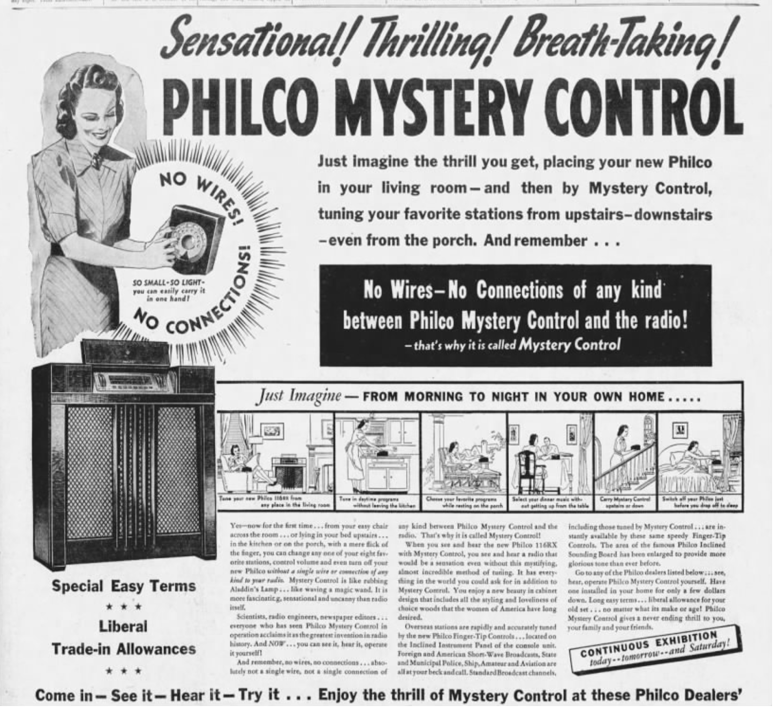 ad for a philco mystery controller with a woman adjusting a radio, from a distance