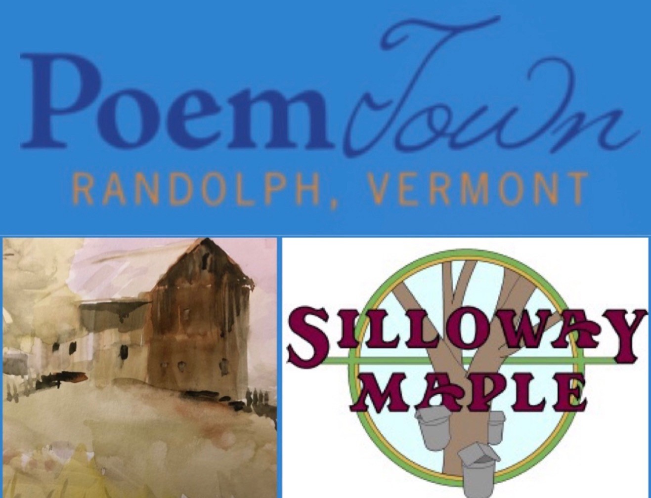 blue, white poster w painted barn