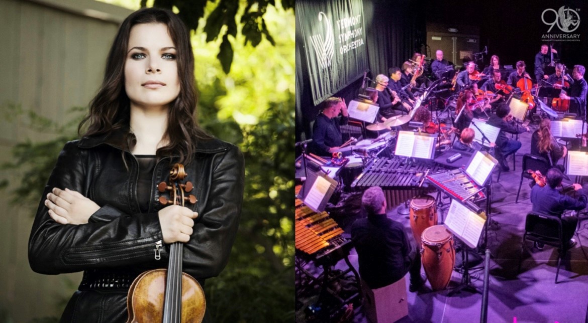 woman playing violin and an orchestra