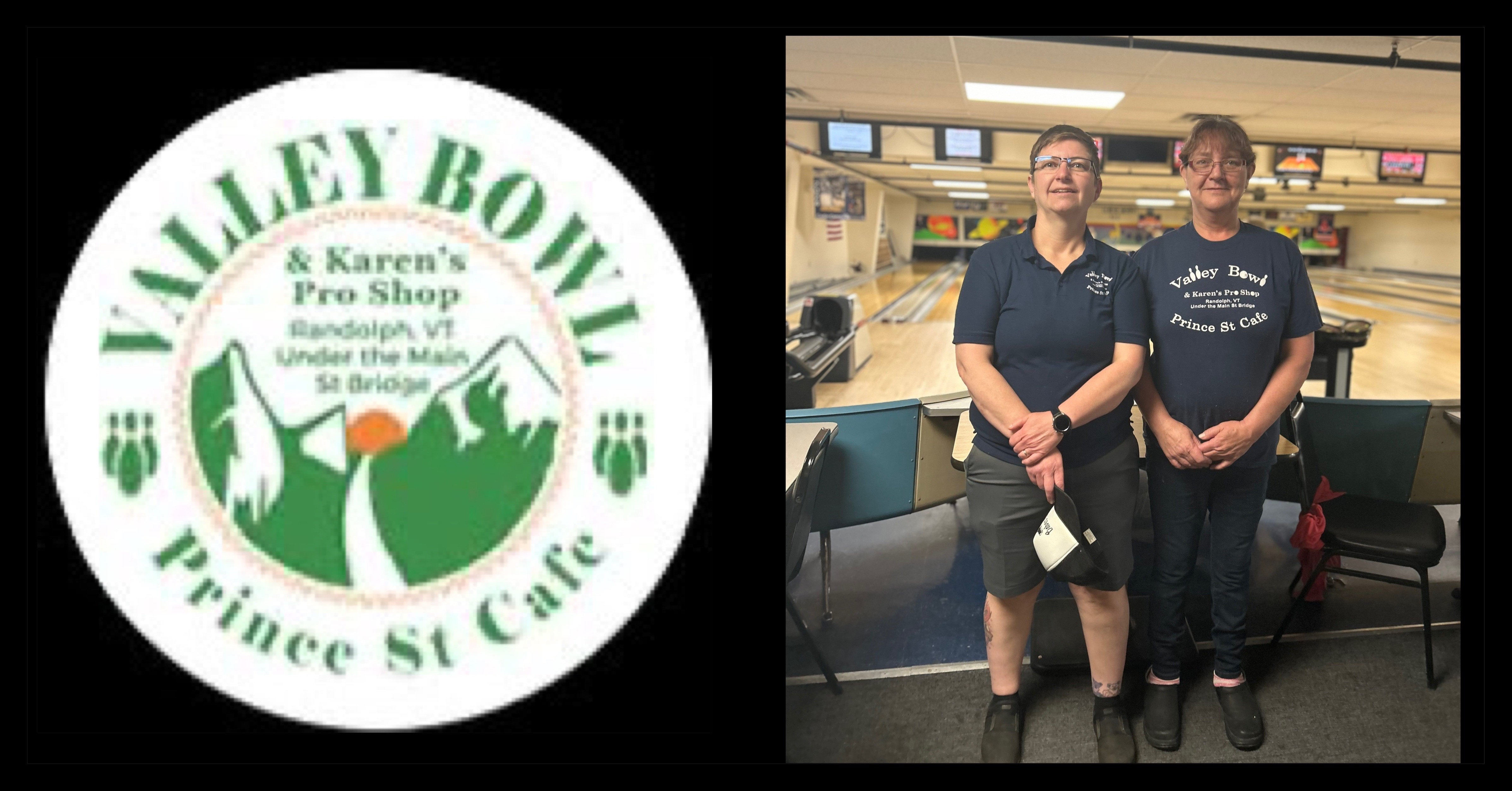 Two female employees of Valley Bowl and their greem circle logo