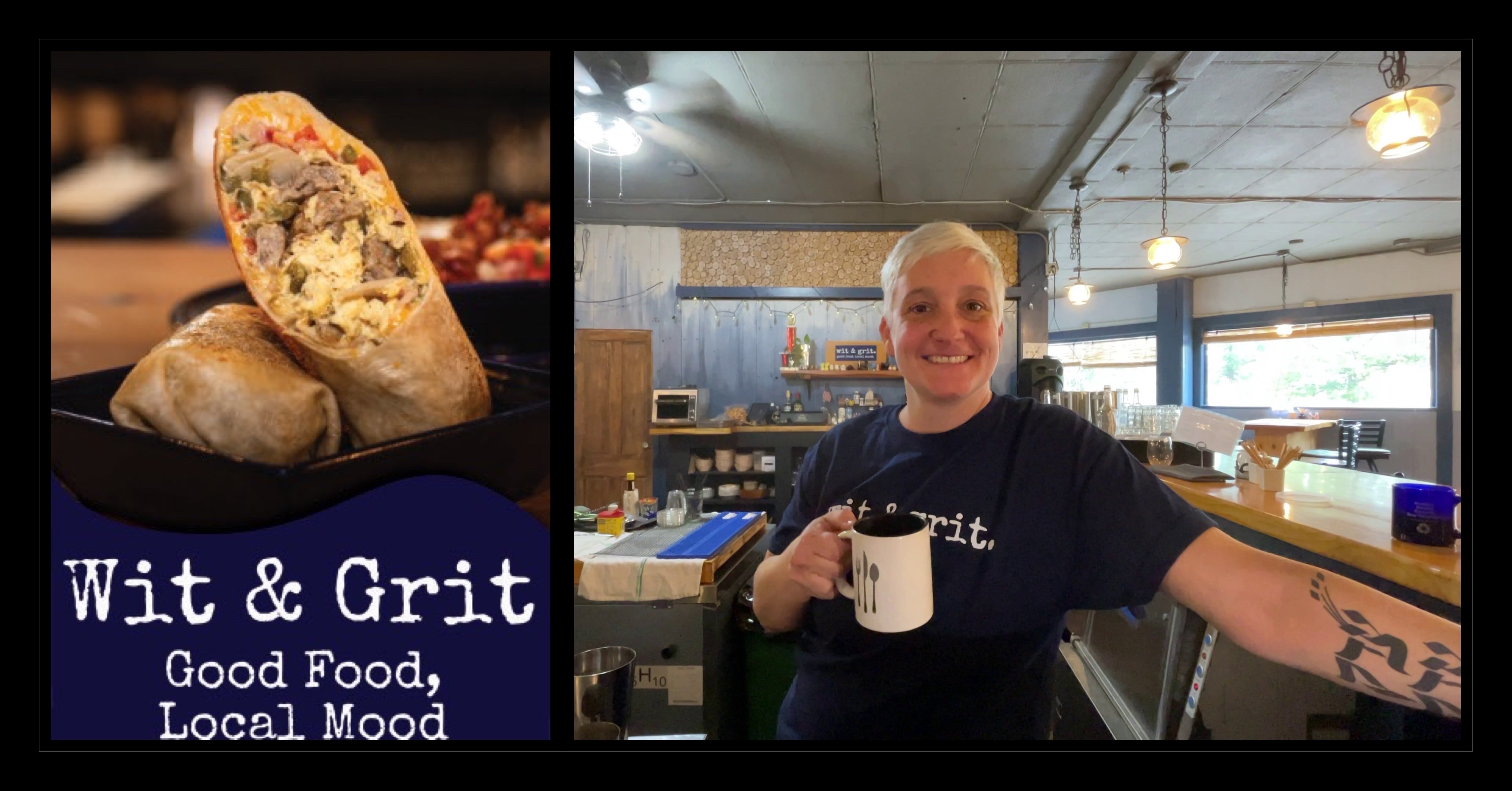 Breakfast burrito and owner holding a cup of coffee smiling