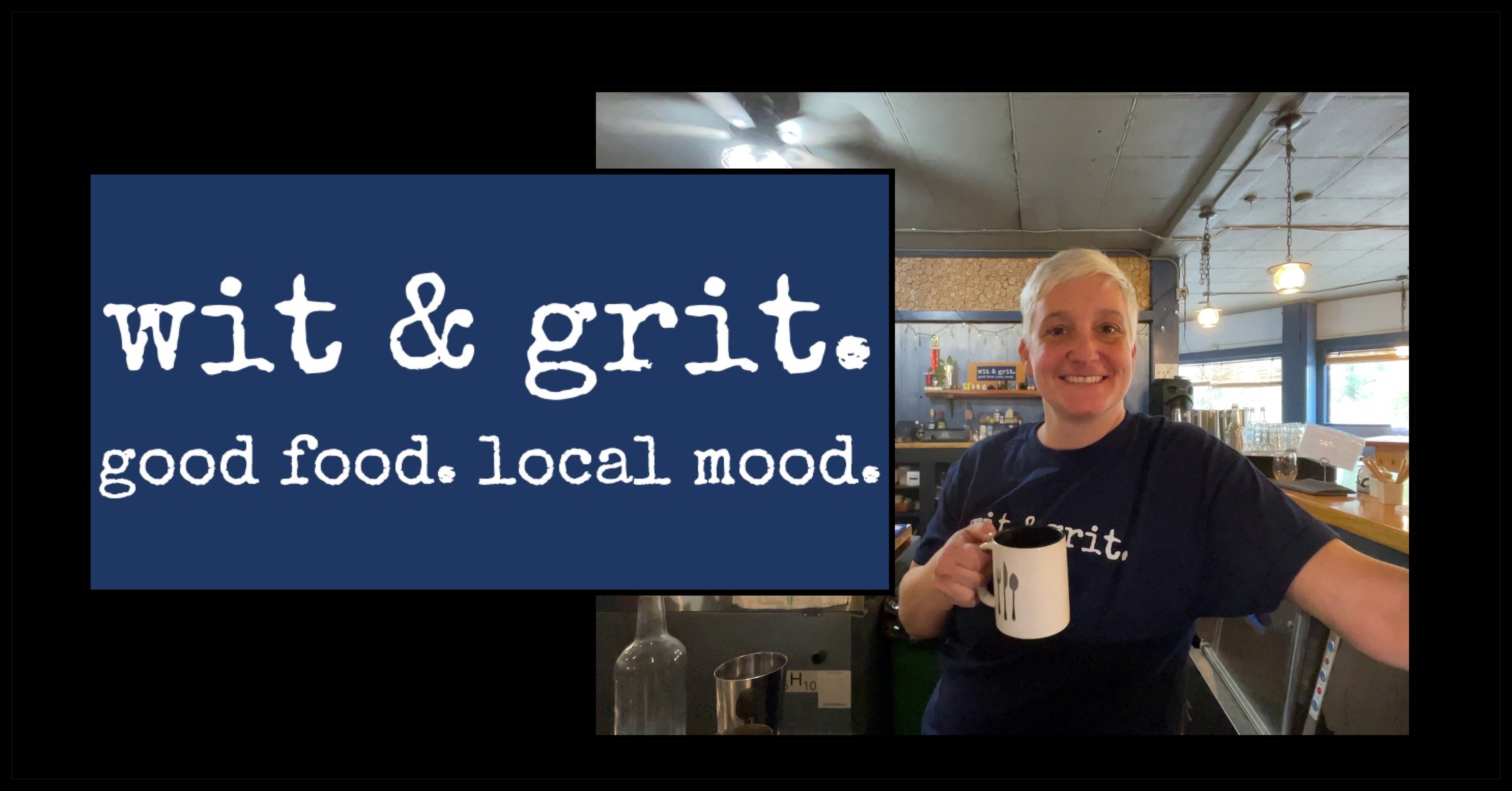 blue logo with owner holding a cup of coffee and smiling