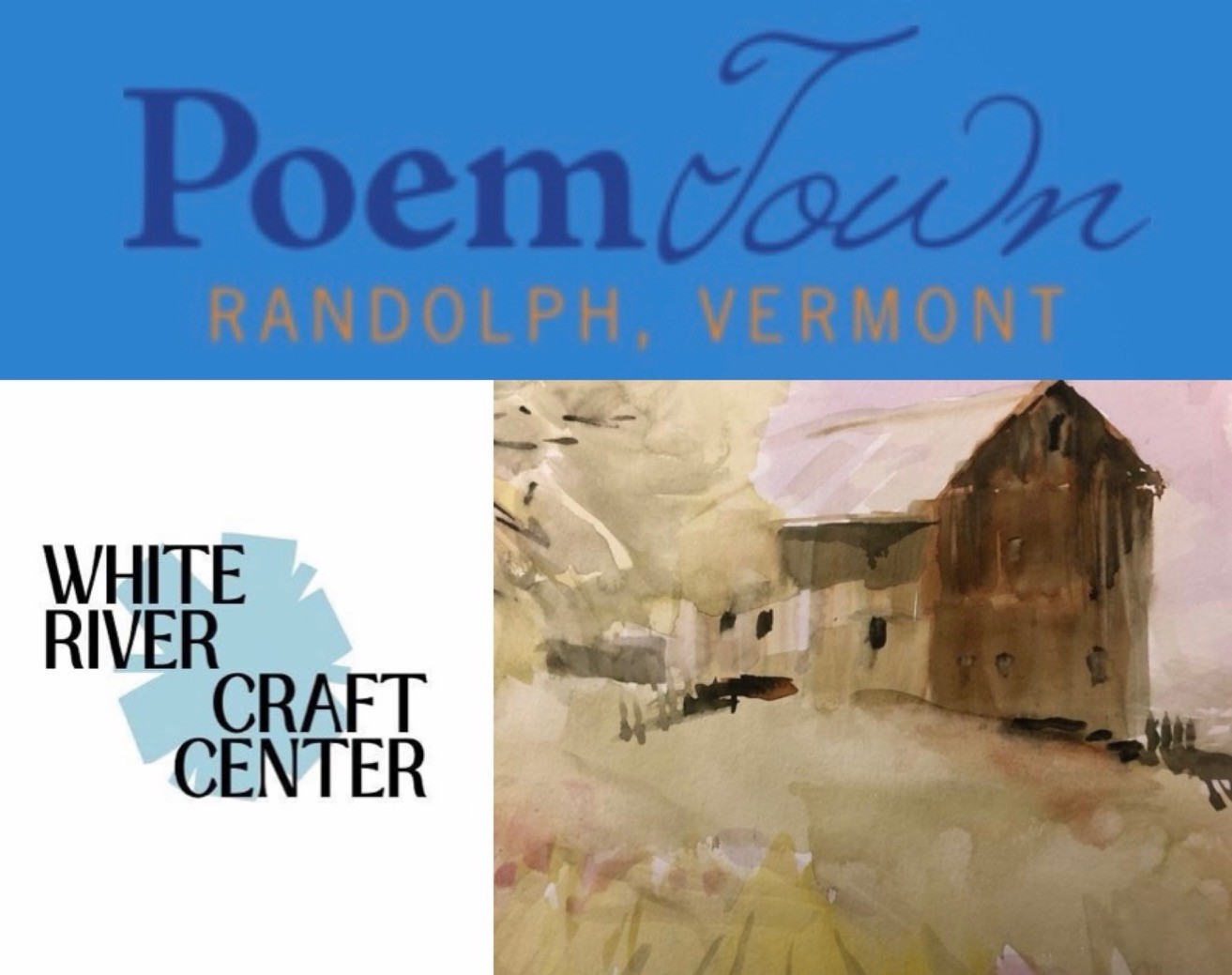 poster blue and white w barn painting