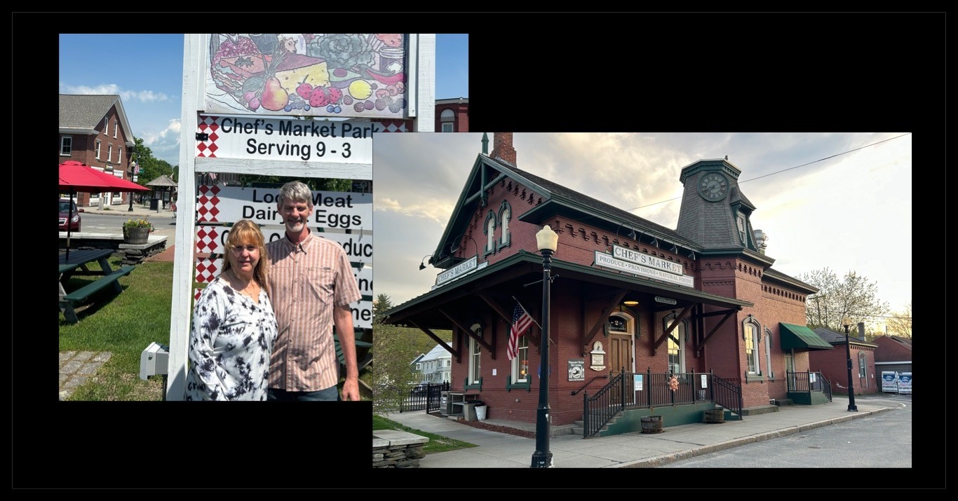 two owners standing outside under a bright sign and an image of the depot brick building with a clock