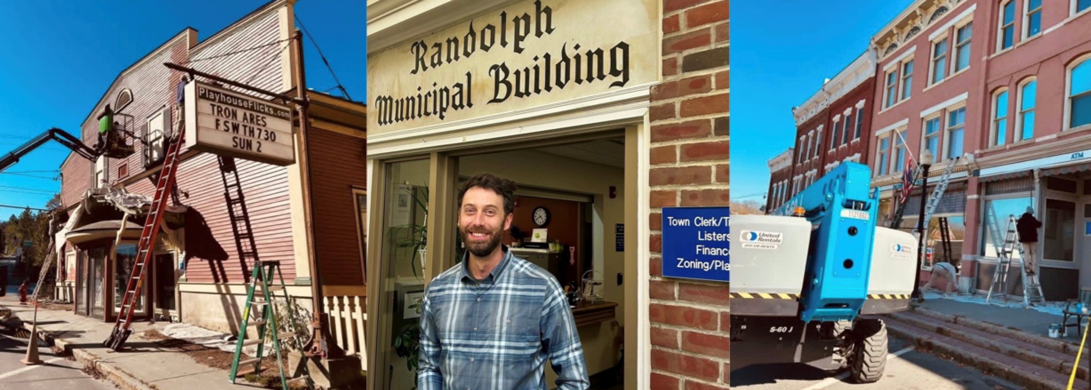 buildings and a town worker