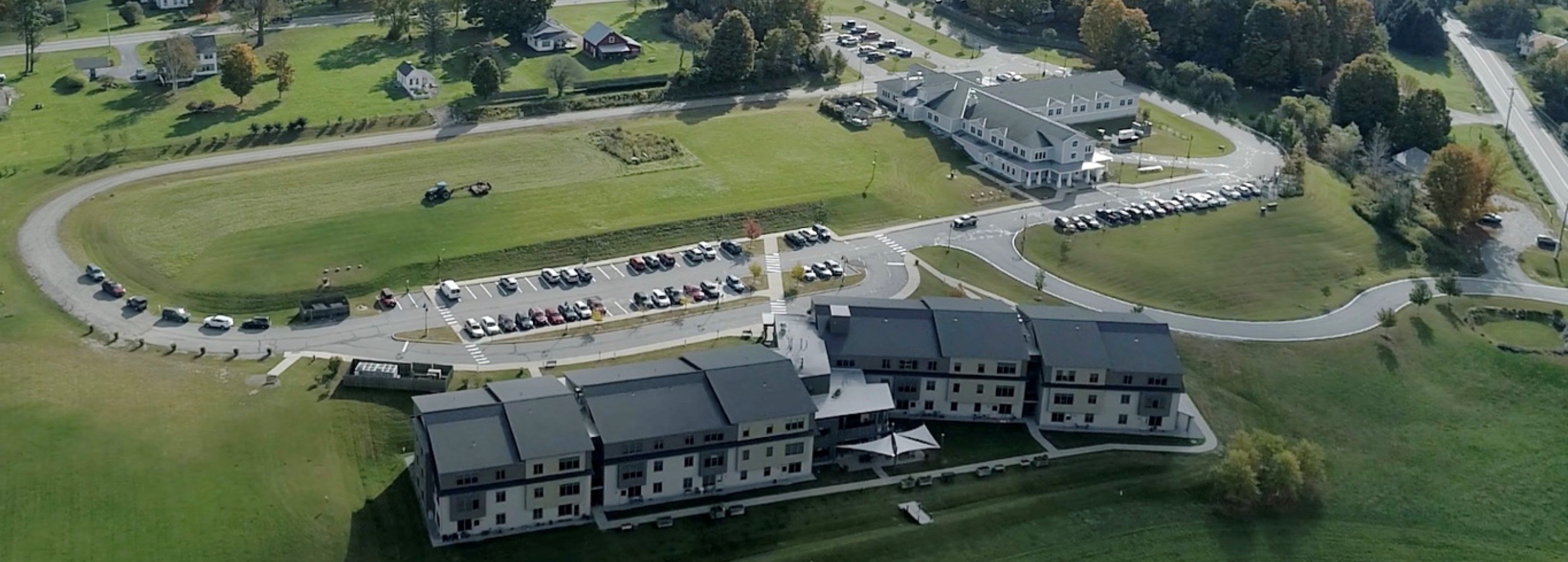 buildings and green fields