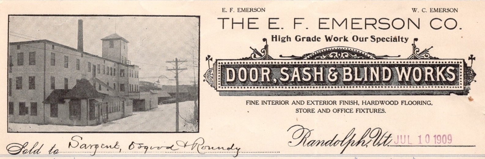 old receipt w Emerson building including old smoke stack